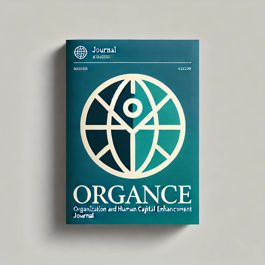 Thumbnail for ORGANCE: Organization and Human Capital Enhancement Journal. The design features a circular icon in deep blue and teal green, showcasing a simplified globe and an abstract human figure at the center. The text 'ORGANCE' is displayed prominently in bold sans-serif font without additional details, creating a clean and professional look. The minimalist design is optimized for small-scale use, such as in journal lists or web icons, conveying a modern and academic feel