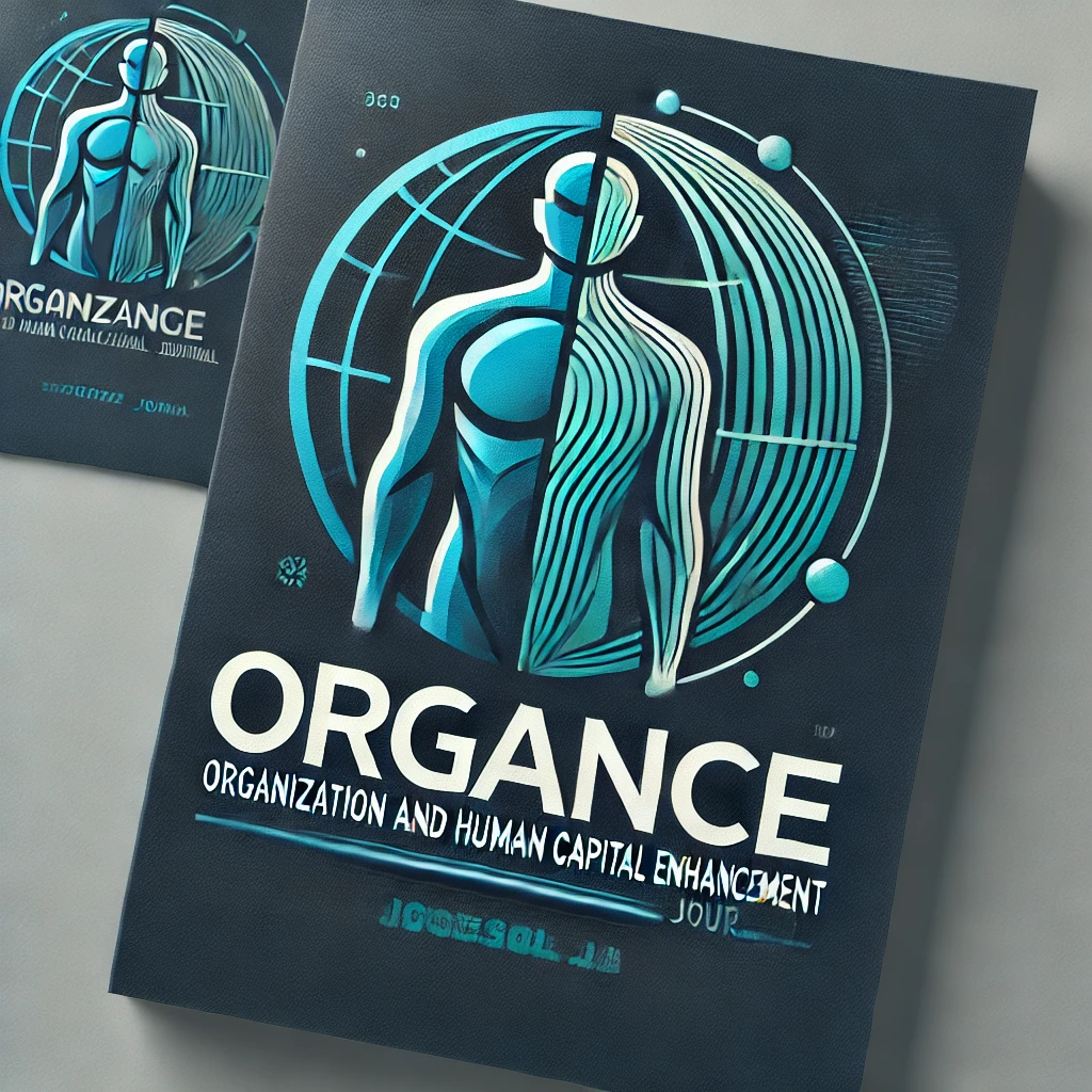 Logo for ORGANCE: Organization and Human Capital Enhancement Journal. The design features a modern and professional look with a blend of deep blue and teal green colors. An abstract human figure is intertwined with a globe outline, symbolizing global reach and focus on human capital. The bold text 'ORGANCE' is prominently displayed in a clean sans-serif font, with the tagline 'Organization and Human Capital Enhancement Journal' in smaller serif font below. The overall design conveys innovation, academic excellence, and international appeal